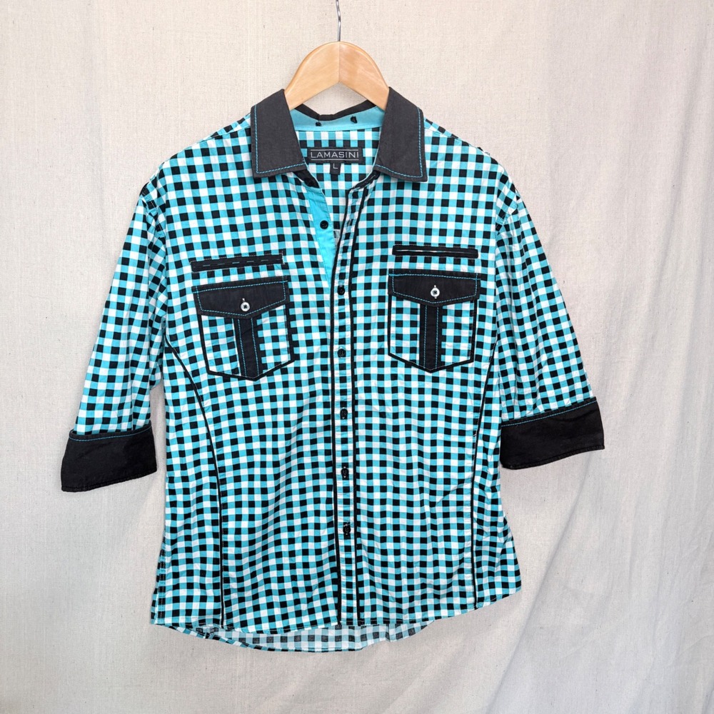 Lamasini‎ Mens Turquoise Black Gingham Check 3/4 Sleeve Button Up Shirt Large